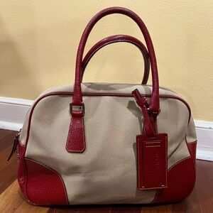 Vintage 90s Prada Canvas Handbag with red leather accents.